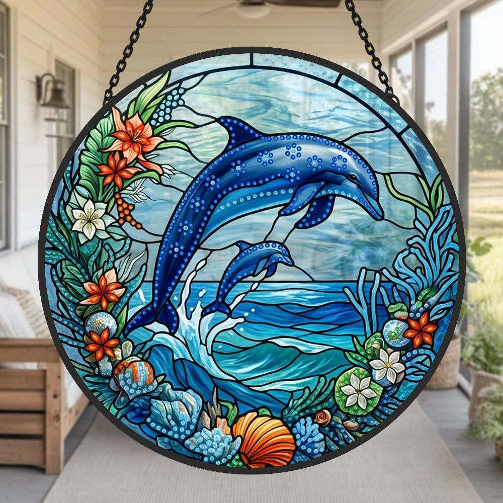 Coastal beach house jumping dolphin pair stained glass suncatcher window hanging, suitable for home and garden decoration
