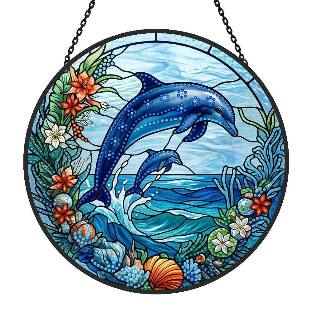 Coastal beach house jumping dolphin pair stained glass suncatcher window hanging, suitable for home and garden decoration