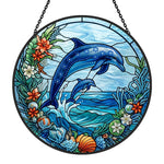 Coastal beach house jumping dolphin pair stained glass suncatcher window hanging, suitable for home and garden decoration