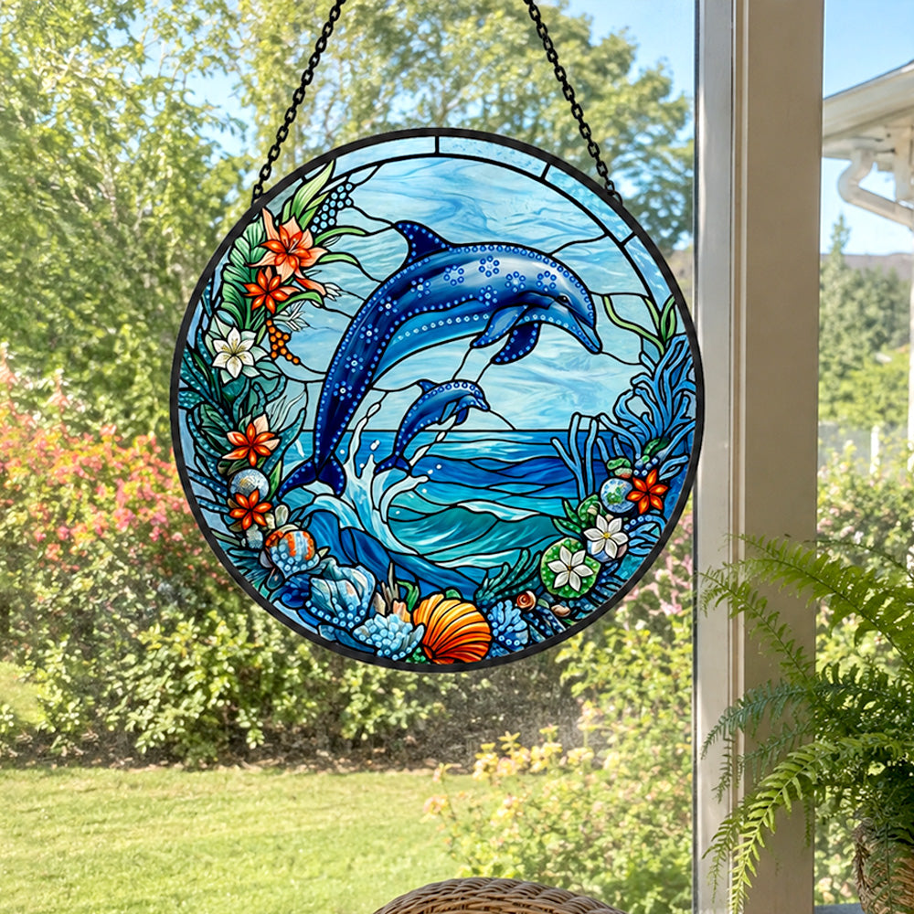 Coastal beach house jumping dolphin pair stained glass suncatcher window hanging, suitable for home and garden decoration