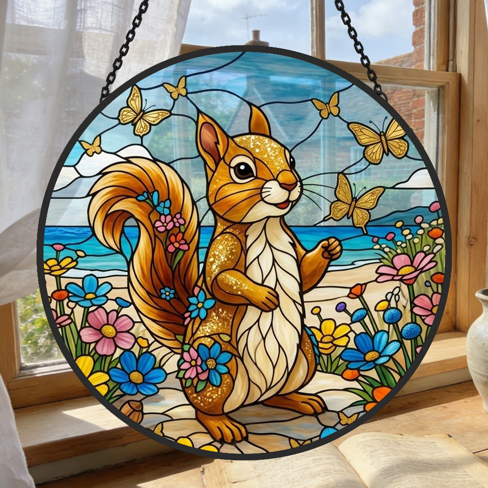 Coastal beach squirrel with butterflies stained glass suncatcher window hanging, suitable for home and garden decoration