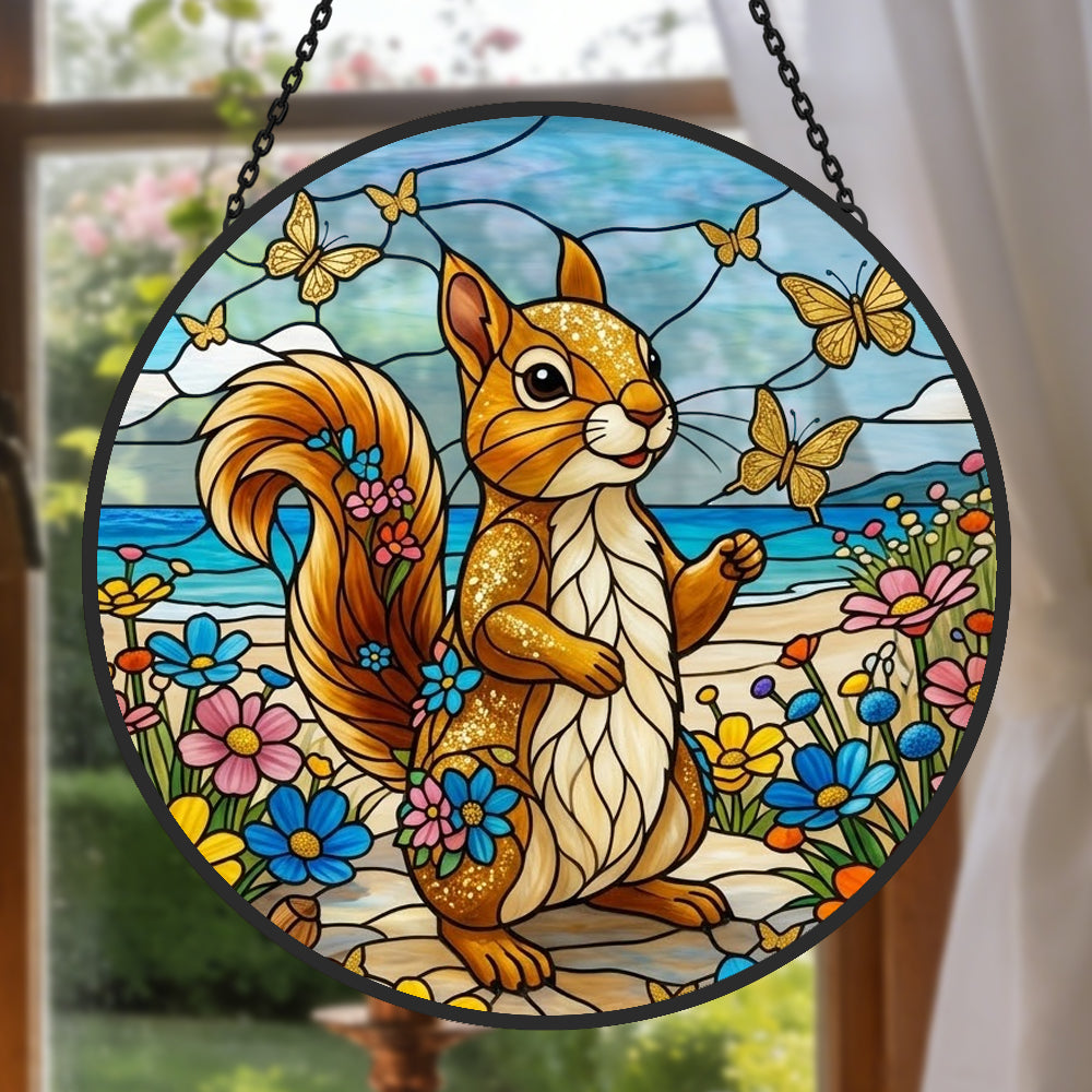 Coastal beach squirrel with butterflies stained glass suncatcher window hanging, suitable for home and garden decoration