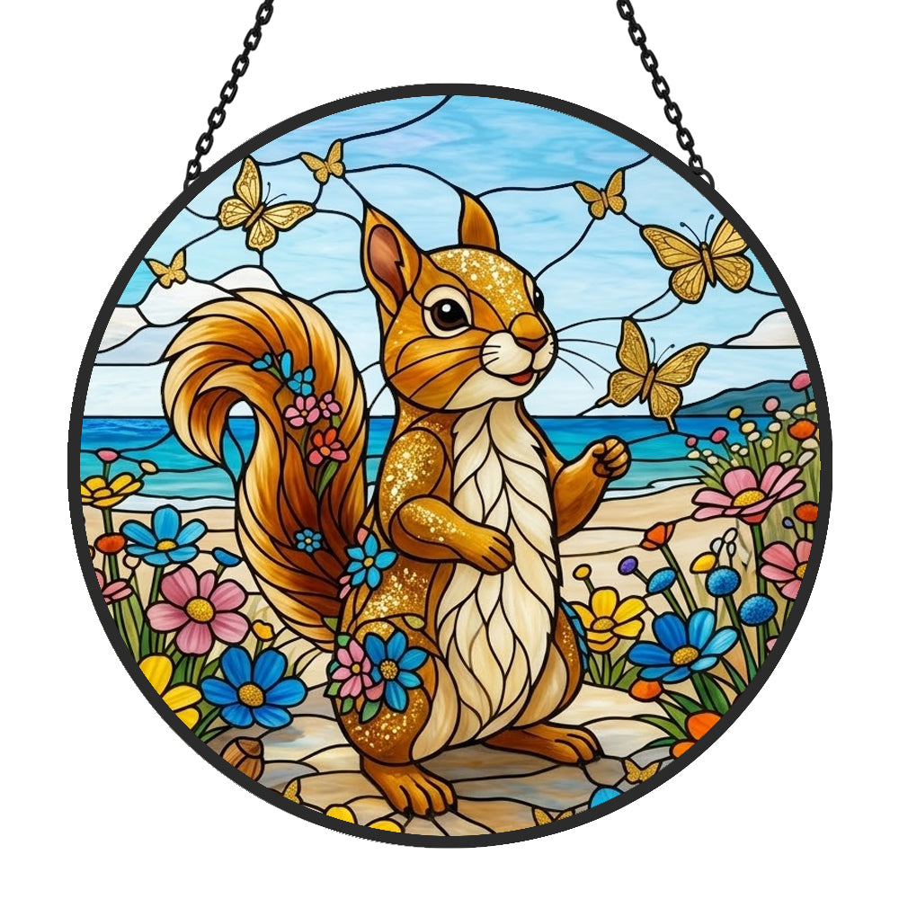 Coastal beach squirrel with butterflies stained glass suncatcher window hanging, suitable for home and garden decoration
