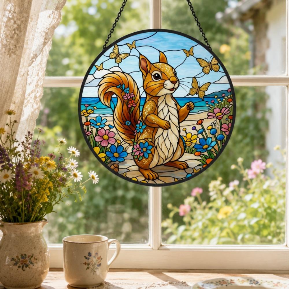 Coastal beach squirrel with butterflies stained glass suncatcher window hanging, suitable for home and garden decoration