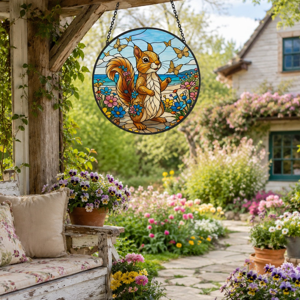 Coastal beach squirrel with butterflies stained glass suncatcher window hanging, suitable for home and garden decoration