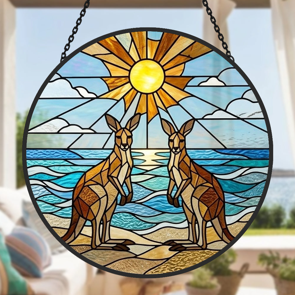 Coastal sunrise kangaroos stained glass suncatcher window hanging, suitable for home and garden decoration
