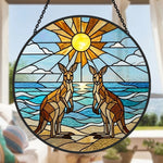 Coastal sunrise kangaroos stained glass suncatcher window hanging, suitable for home and garden decoration