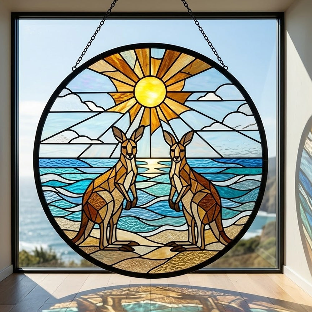 Coastal sunrise kangaroos stained glass suncatcher window hanging, suitable for home and garden decoration