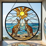 Coastal sunrise kangaroos stained glass suncatcher window hanging, suitable for home and garden decoration