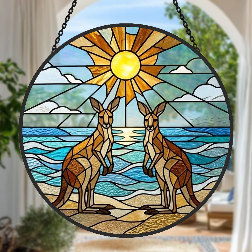 Coastal sunrise kangaroos stained glass suncatcher window hanging, suitable for home and garden decoration