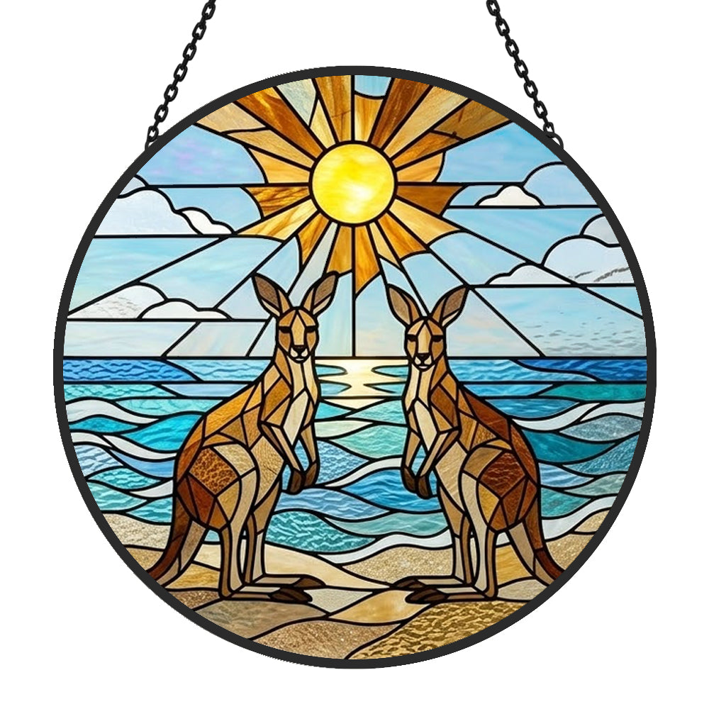 Coastal sunrise kangaroos stained glass suncatcher window hanging, suitable for home and garden decoration