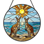 Coastal sunrise kangaroos stained glass suncatcher window hanging, suitable for home and garden decoration