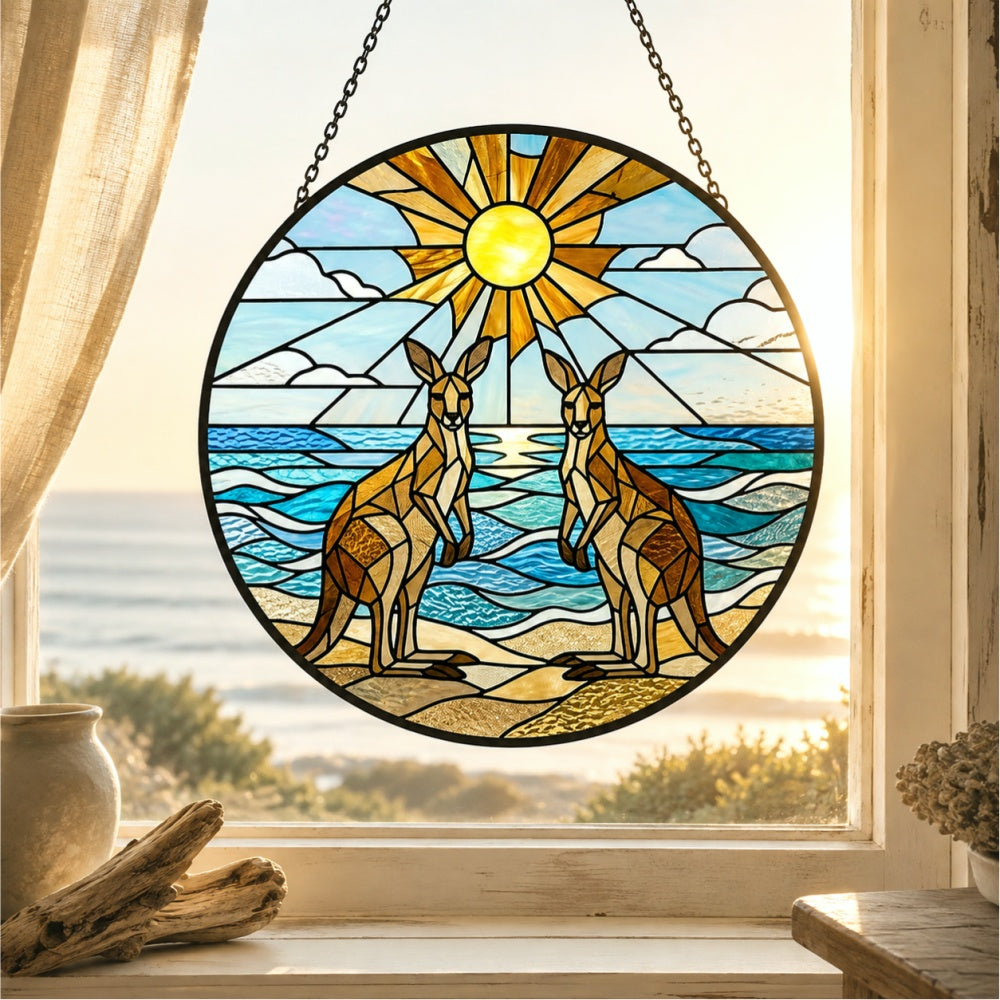 Coastal sunrise kangaroos stained glass suncatcher window hanging, suitable for home and garden decoration