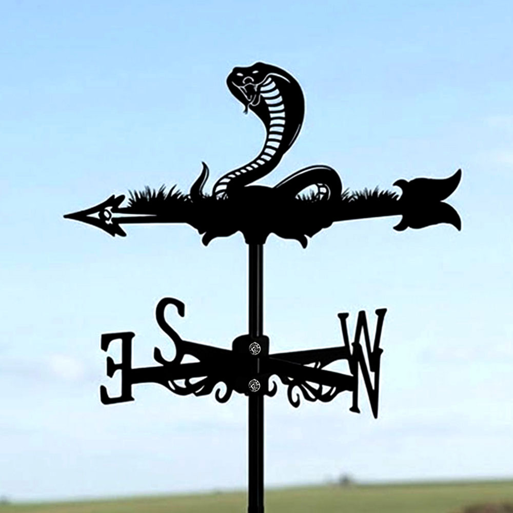 Cobra metal weather vane with directional arrows and mounting rod, outdoor roof and garden decoration