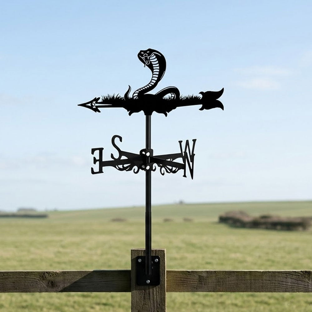 Cobra metal weather vane with directional arrows and mounting rod, outdoor roof and garden decoration