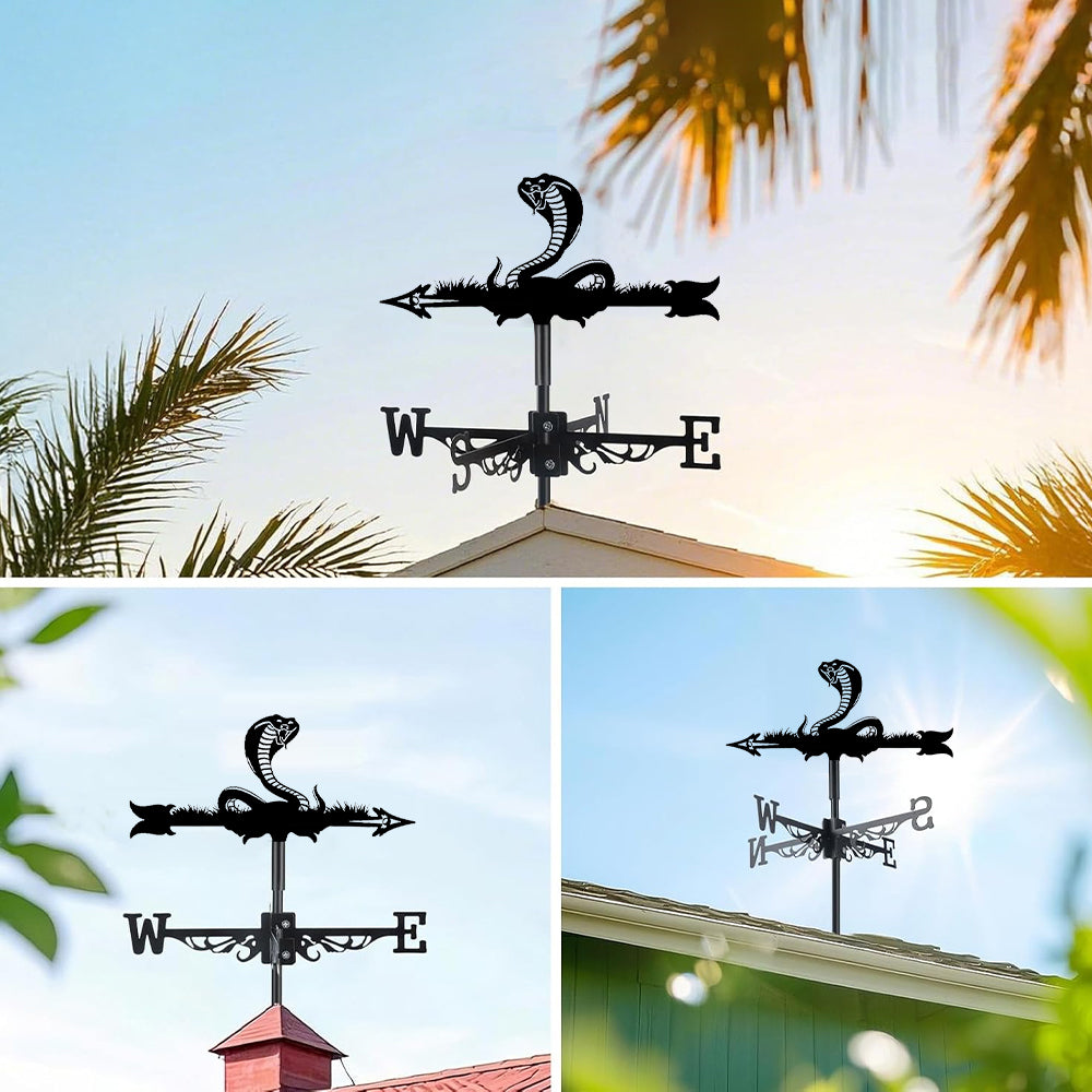 Cobra metal weather vane with directional arrows and mounting rod, outdoor roof and garden decoration