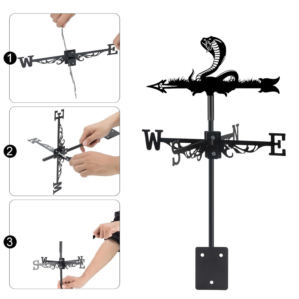 Cobra metal weather vane with directional arrows and mounting rod, outdoor roof and garden decoration