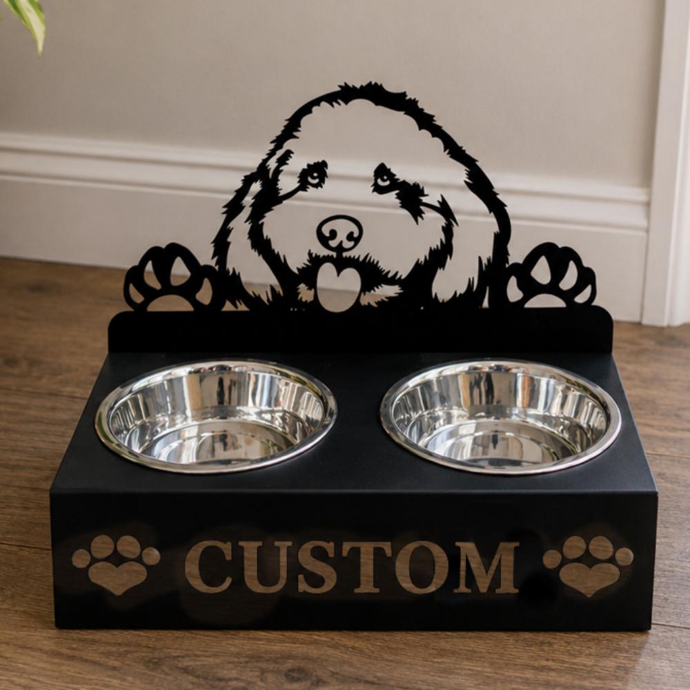 Personalized cockapoo metal dog bowl stand with custom name cutout and two removable feeding bowls