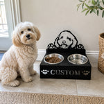 Personalized cockapoo metal dog bowl stand with custom name cutout and two removable feeding bowls