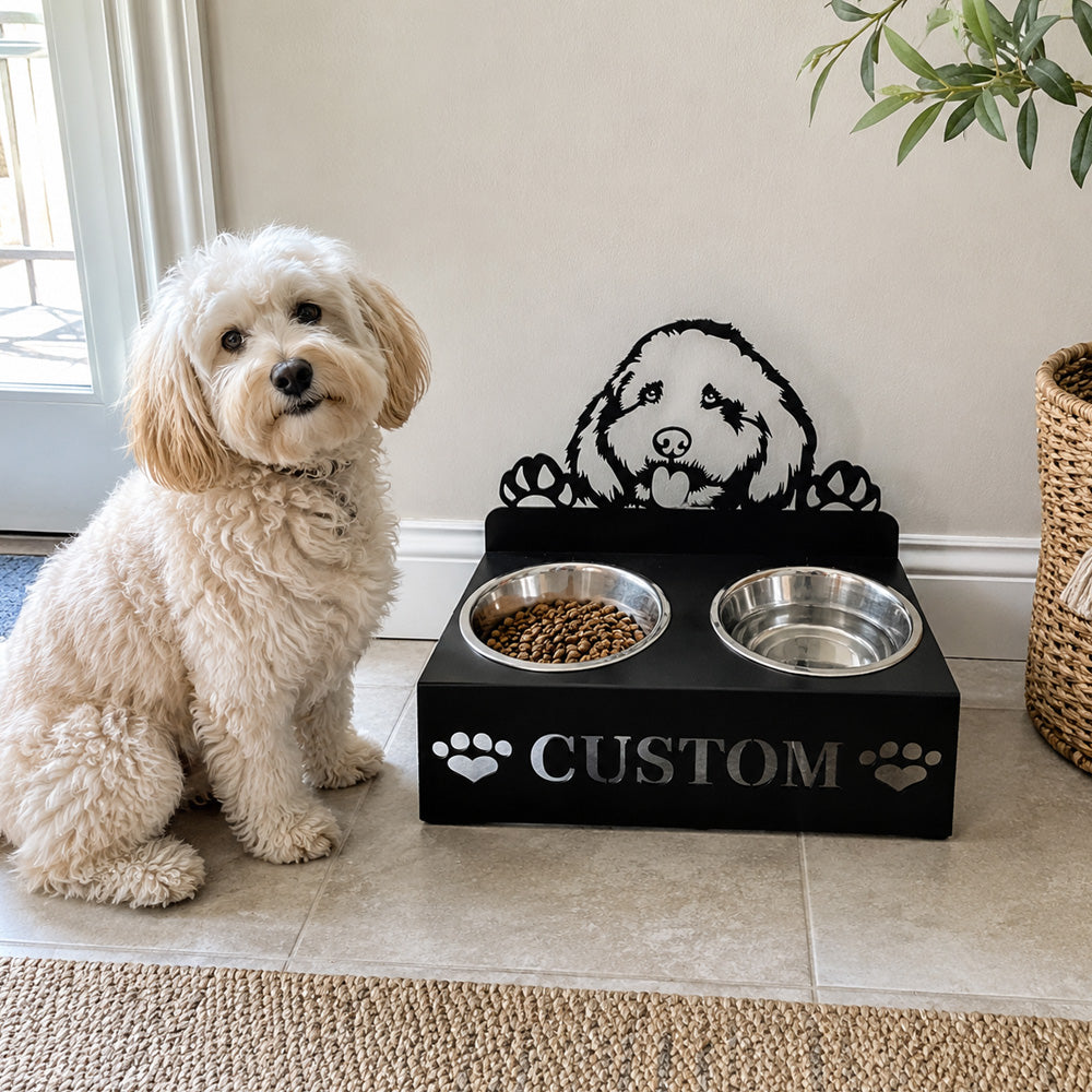 Personalized cockapoo metal dog bowl stand with custom name cutout and two removable feeding bowls
