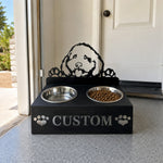 Personalized cockapoo metal dog bowl stand with custom name cutout and two removable feeding bowls