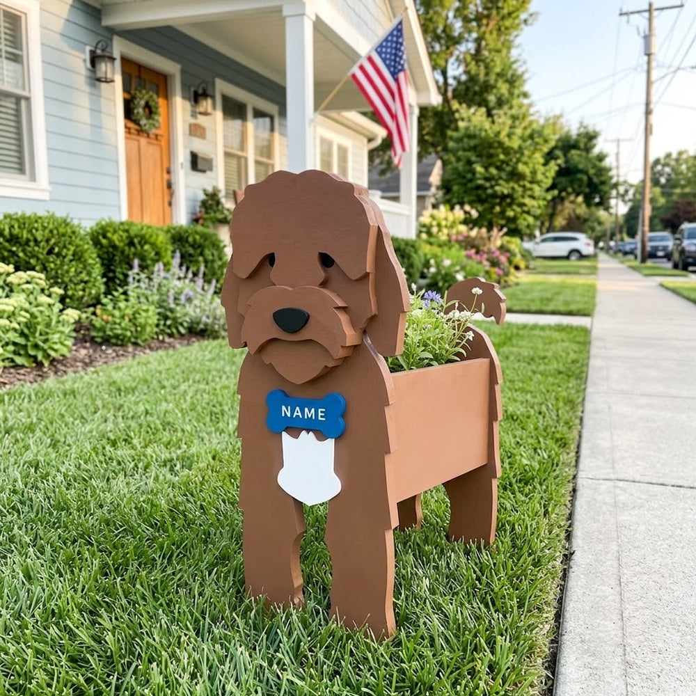 Cockapoo dog planter filled with fresh flowers is placed in the garden
