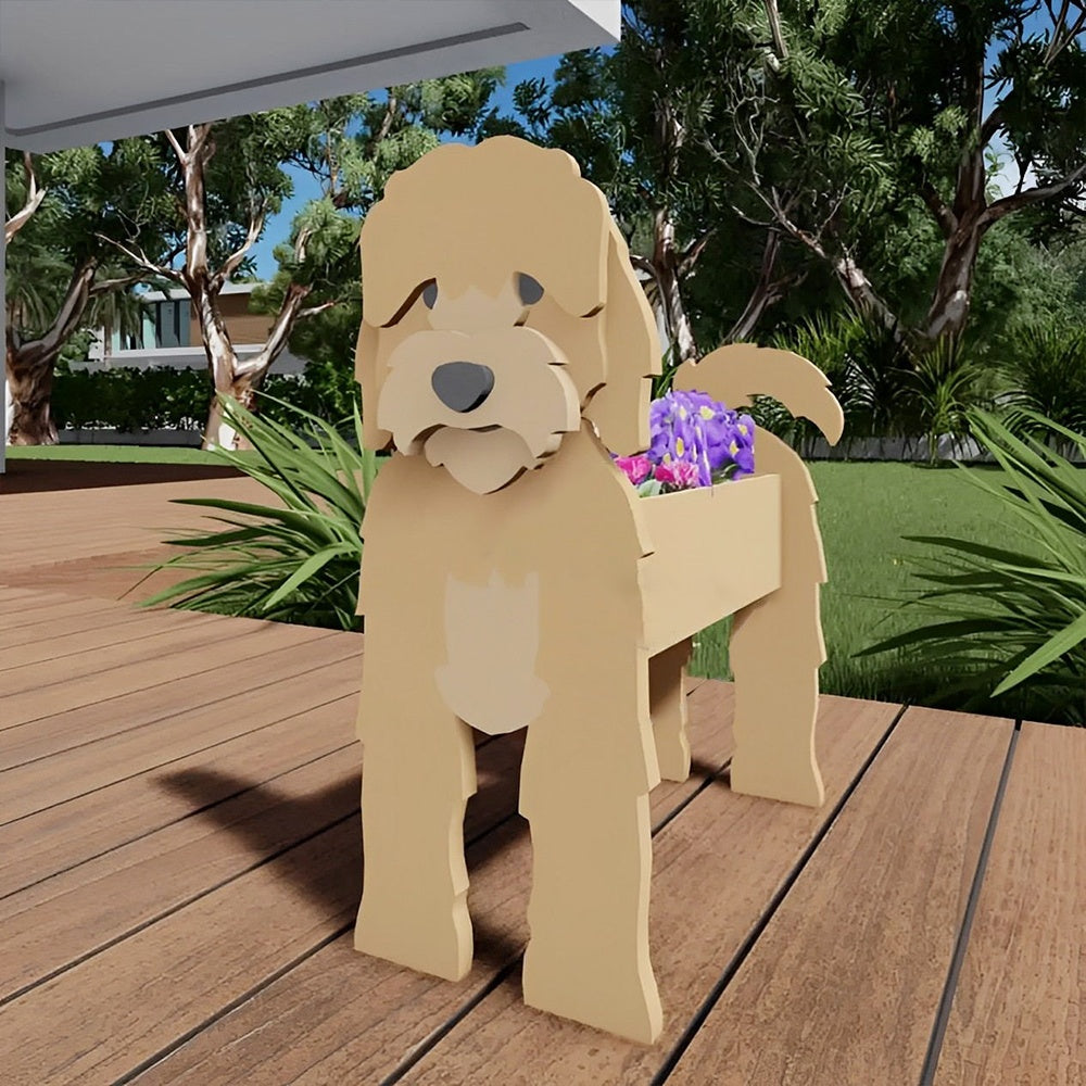 Cockapoo dog planter filled with fresh flowers is placed in the garden