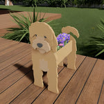 Cockapoo dog planter filled with fresh flowers is placed in the garden