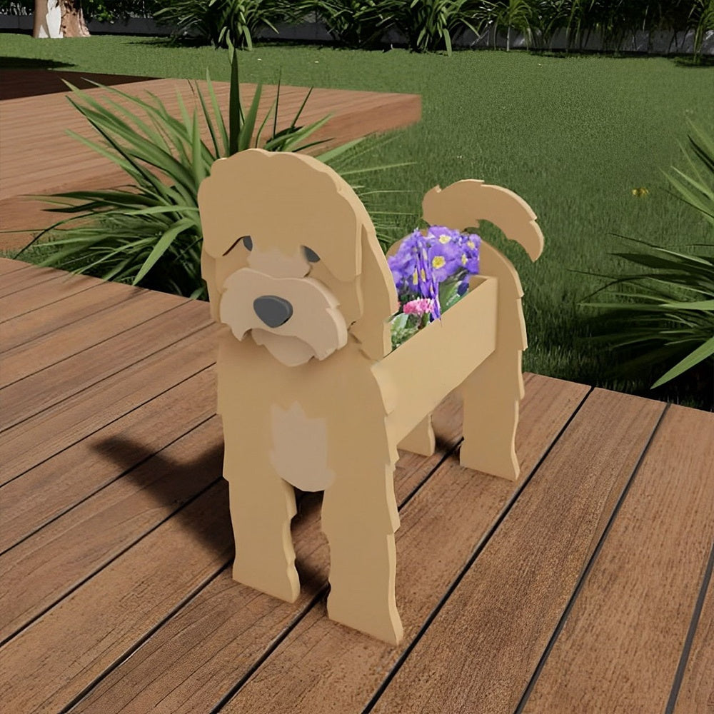 Cockapoo dog planter filled with fresh flowers is placed in the garden