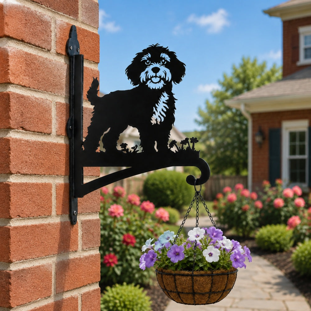 Cockapoo metal hanging basket bracket mounted on outdoor wall for plant decoration