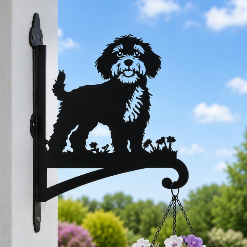 Cockapoo metal hanging basket bracket mounted on outdoor wall for plant decoration