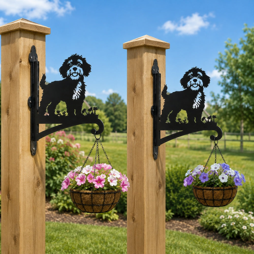 Cockapoo metal hanging basket bracket mounted on outdoor wall for plant decoration
