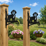 Cockapoo metal hanging basket bracket mounted on outdoor wall for plant decoration