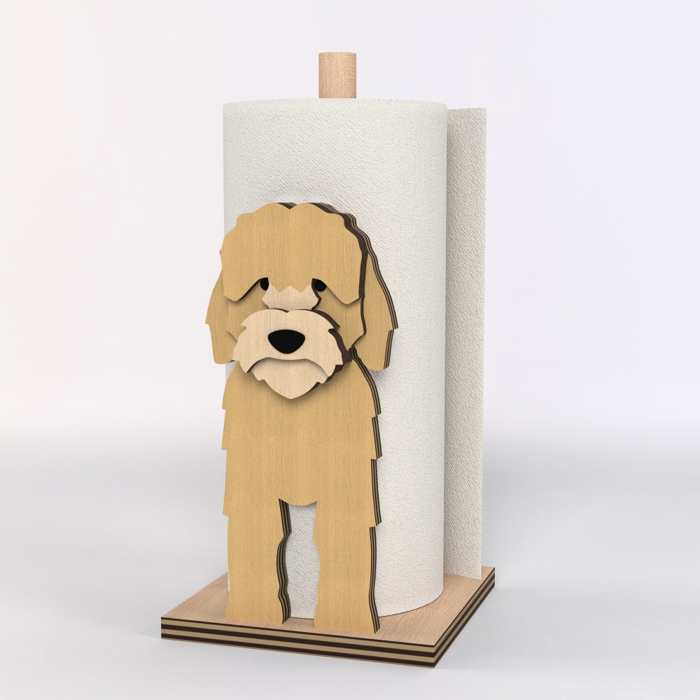 Cockapoo Wooden Dog Paper Towel Holder displayed on a kitchen countertop with a freestanding paper towel roll
