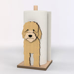 Cockapoo Wooden Dog Paper Towel Holder displayed on a kitchen countertop with a freestanding paper towel roll