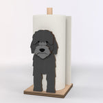 Cockapoo Wooden Dog Paper Towel Holder displayed on a kitchen countertop with a freestanding paper towel roll