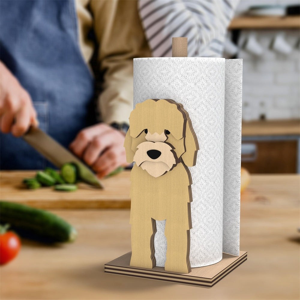 Cockapoo Wooden Dog Paper Towel Holder displayed on a kitchen countertop with a freestanding paper towel roll