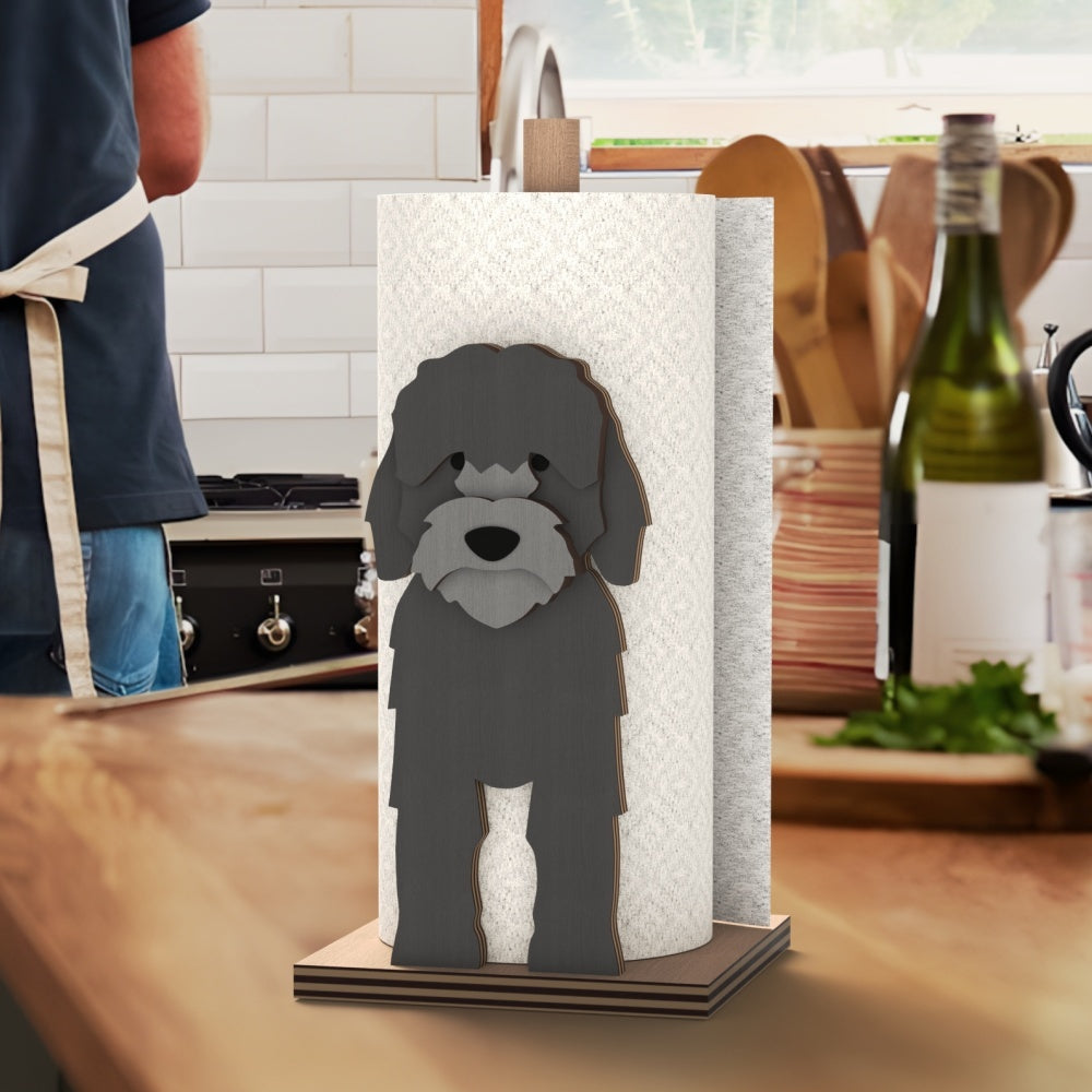Cockapoo Wooden Dog Paper Towel Holder displayed on a kitchen countertop with a freestanding paper towel roll