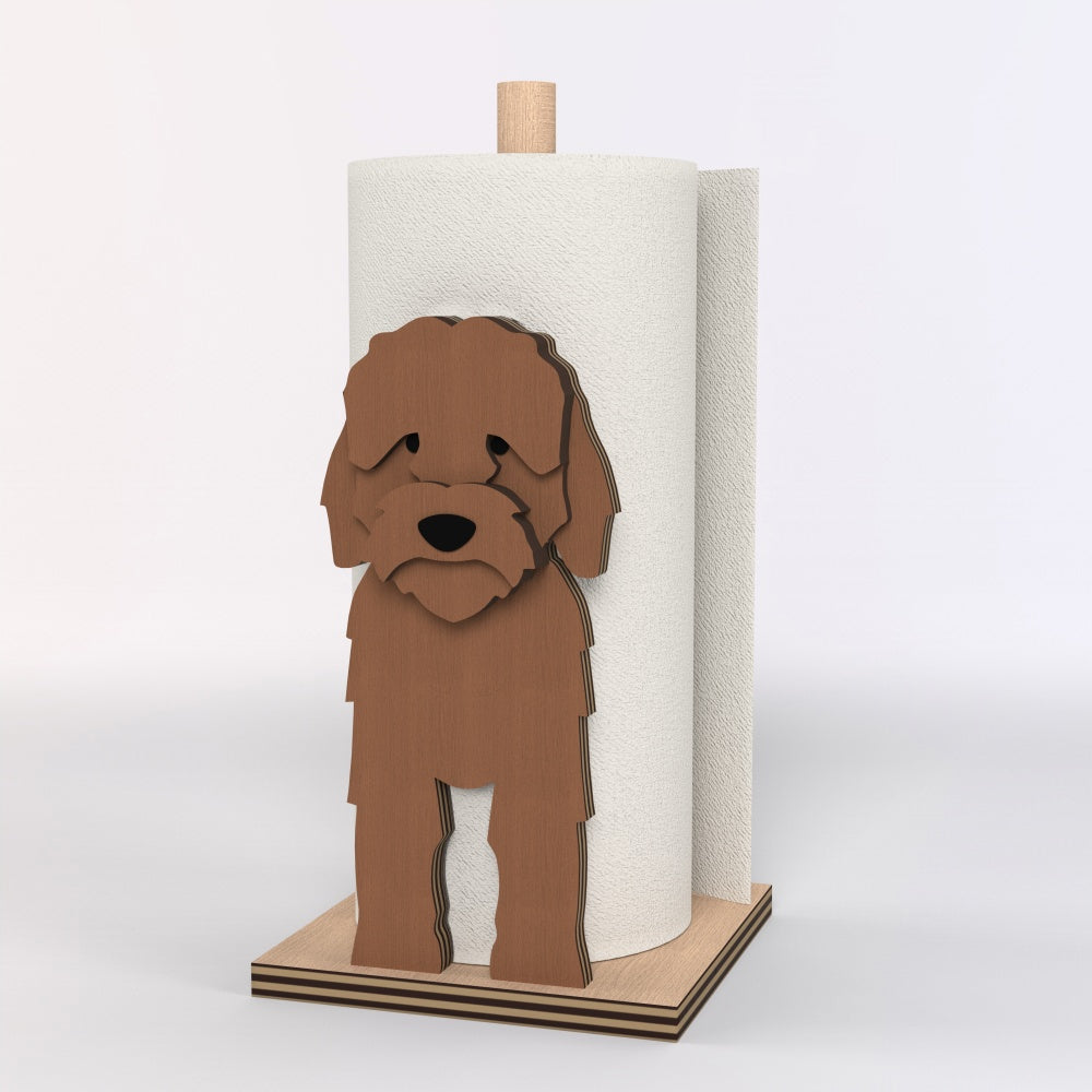 Cockapoo Wooden Dog Paper Towel Holder displayed on a kitchen countertop with a freestanding paper towel roll