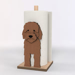 Cockapoo Wooden Dog Paper Towel Holder displayed on a kitchen countertop with a freestanding paper towel roll