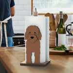 Cockapoo Wooden Dog Paper Towel Holder displayed on a kitchen countertop with a freestanding paper towel roll