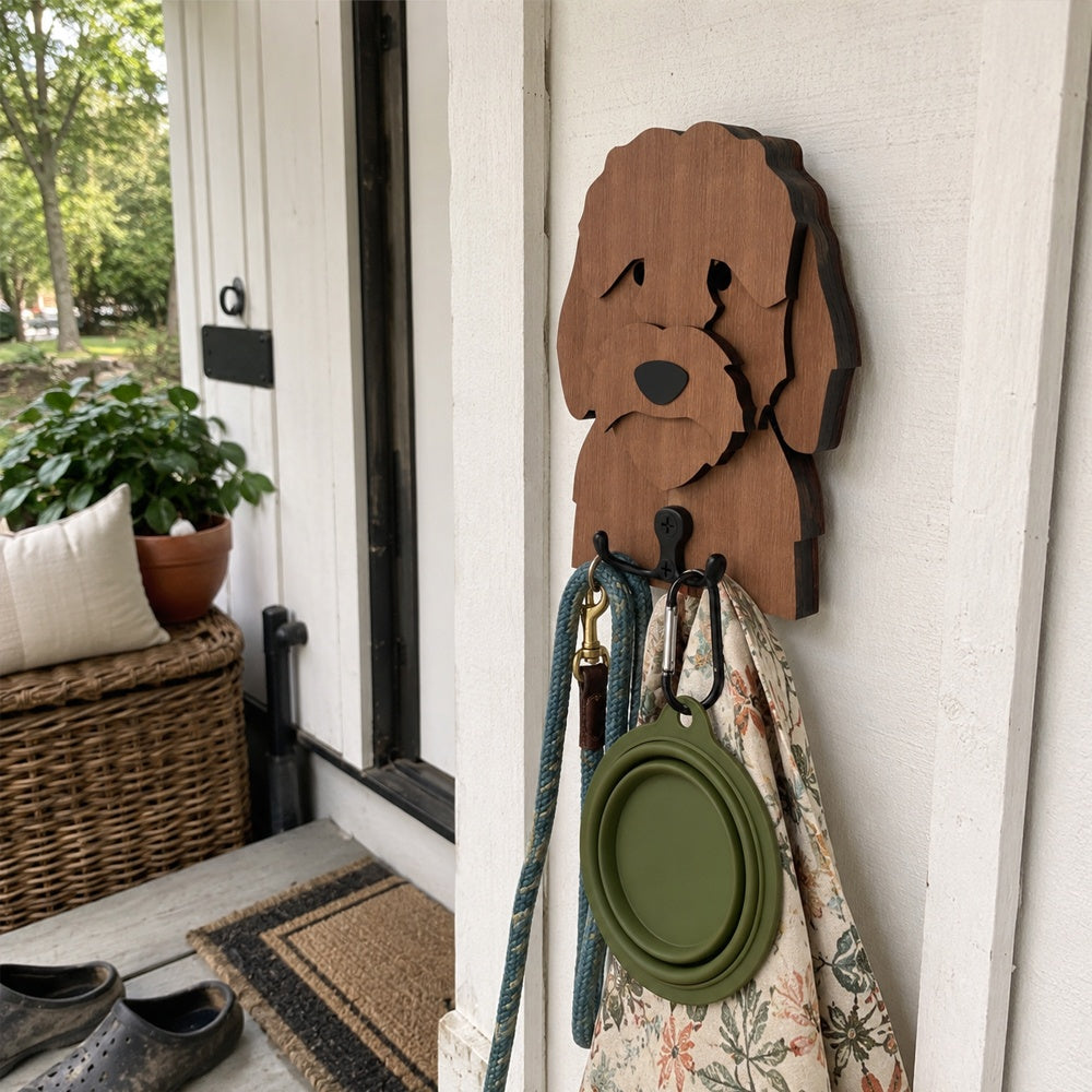 Wooden cockapoo dog wall hook key and leash holder for home entryway organizer