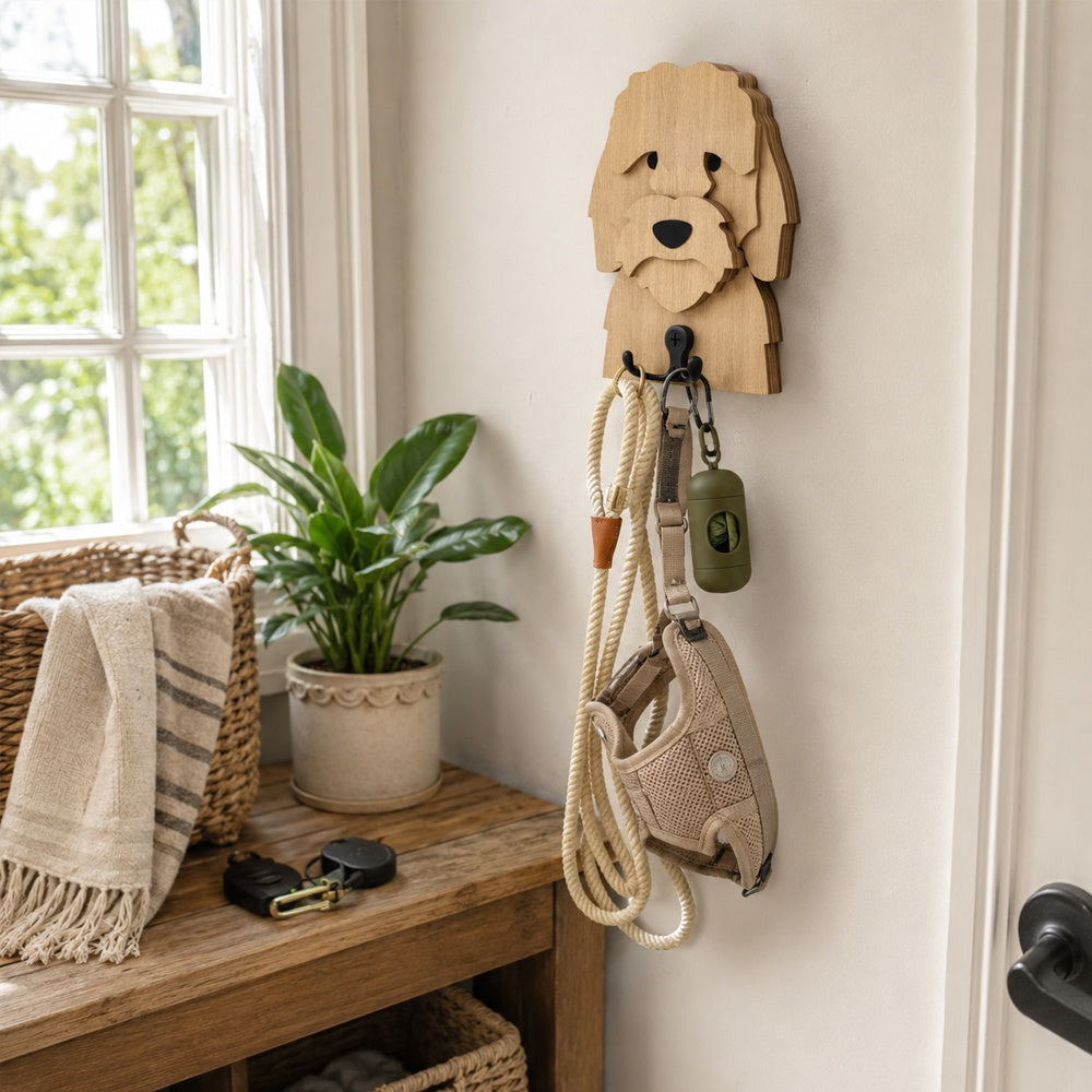Wooden cockapoo dog wall hook key and leash holder for home entryway organizer