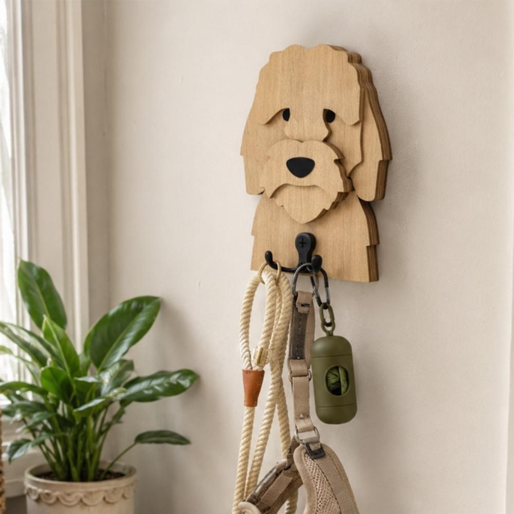 Wooden cockapoo dog wall hook key and leash holder for home entryway organizer