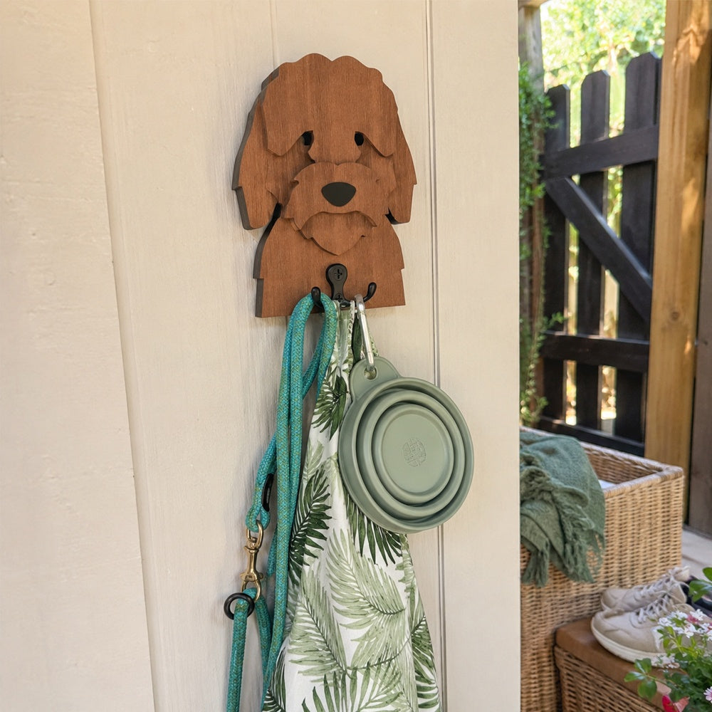 Wooden cockapoo dog wall hook key and leash holder for home entryway organizer
