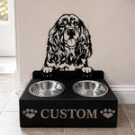 Personalized cocker spaniel metal dog bowl stand with custom name cutout and two removable feeding bowls