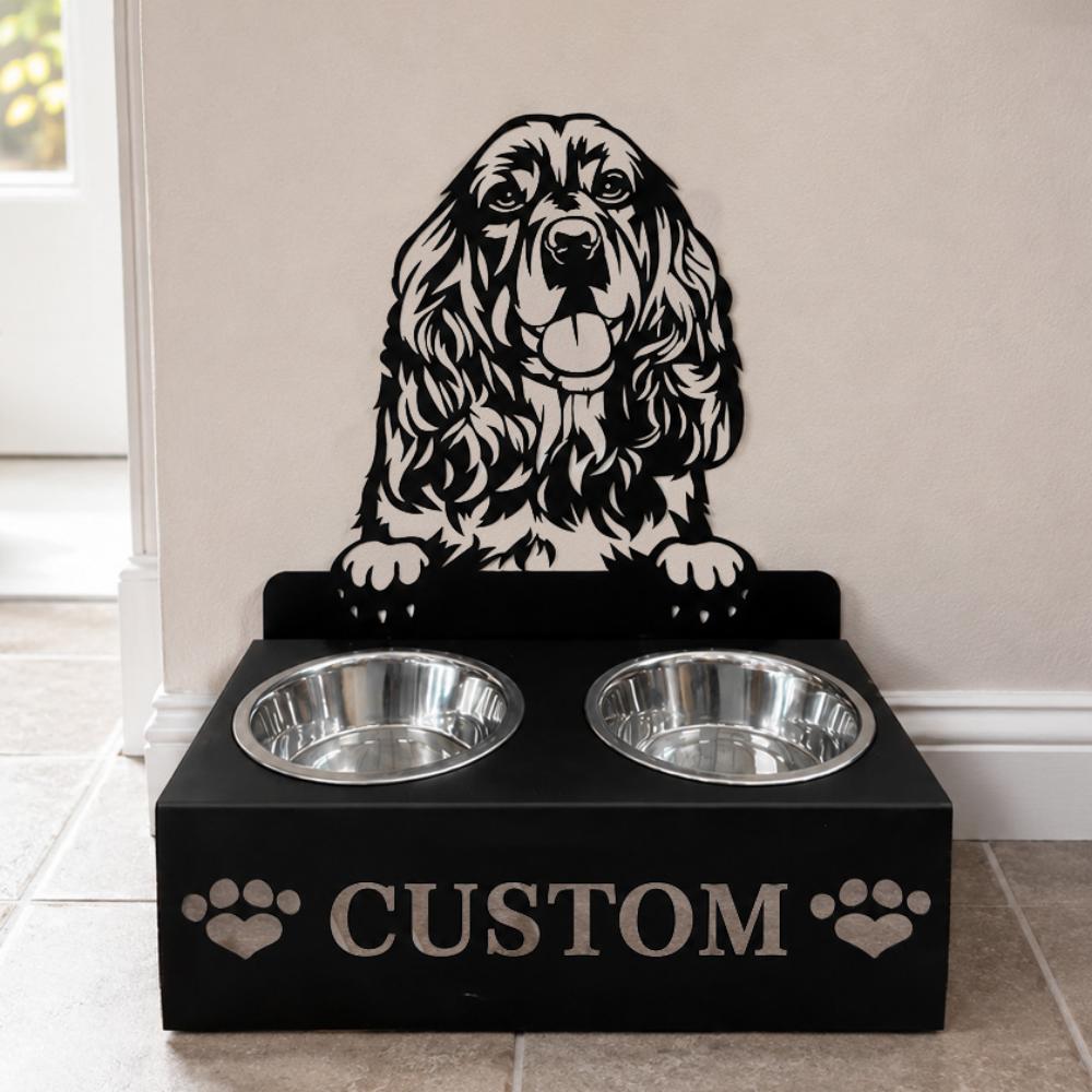 Personalized cocker spaniel metal dog bowl stand with custom name cutout and two removable feeding bowls