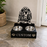 Personalized cocker spaniel metal dog bowl stand with custom name cutout and two removable feeding bowls