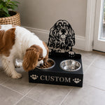 Personalized cocker spaniel metal dog bowl stand with custom name cutout and two removable feeding bowls