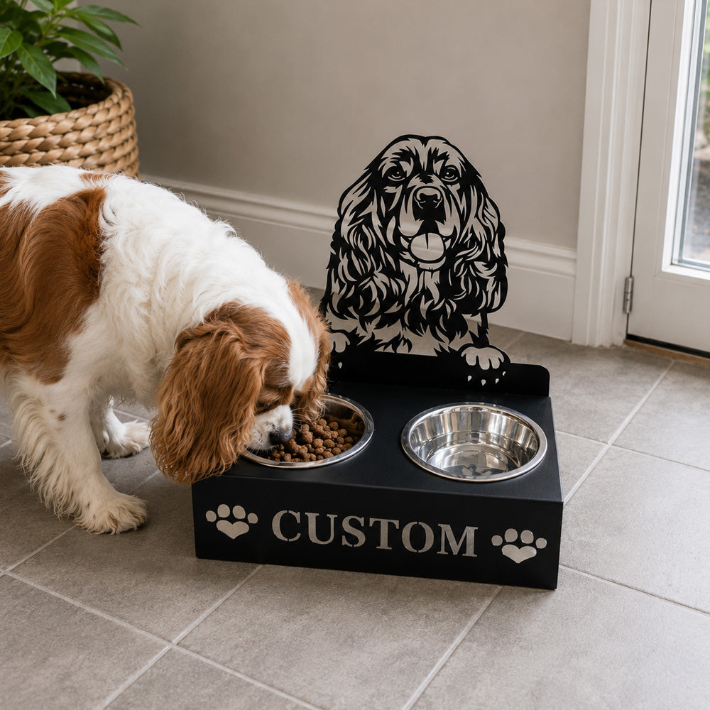 Personalized cocker spaniel metal dog bowl stand with custom name cutout and two removable feeding bowls
